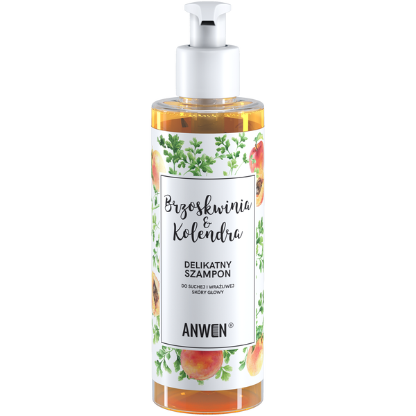 Anwen Peach and Coriander Gentle Shampoo 200ml bottle on white background
