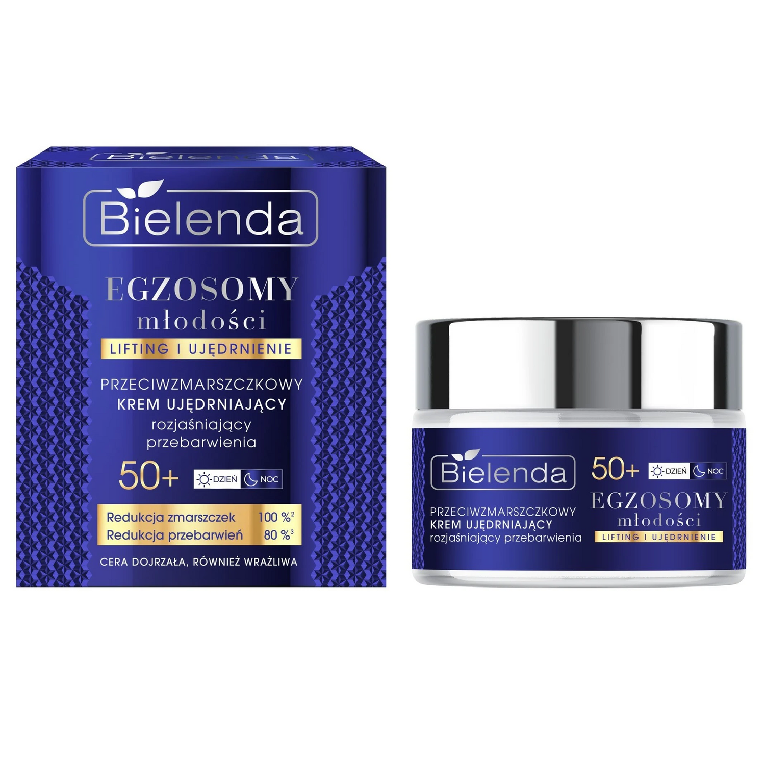 Bielenda Exosomes of Youth Anti-Wrinkle Firming Cream 50+ box and 50ml jar on white background
