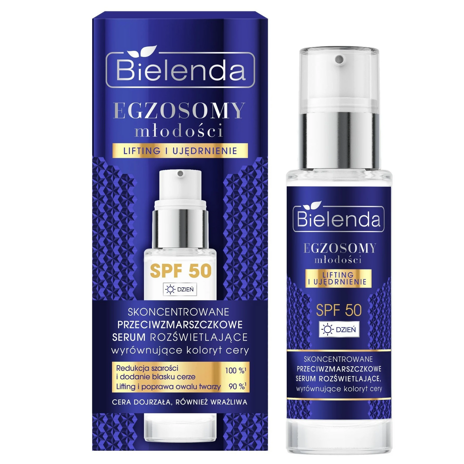 Bielenda Egzosomy Młodości Anti-Wrinkle Illuminating Serum SPF 50 - Product and Packaging Box isolated on white background