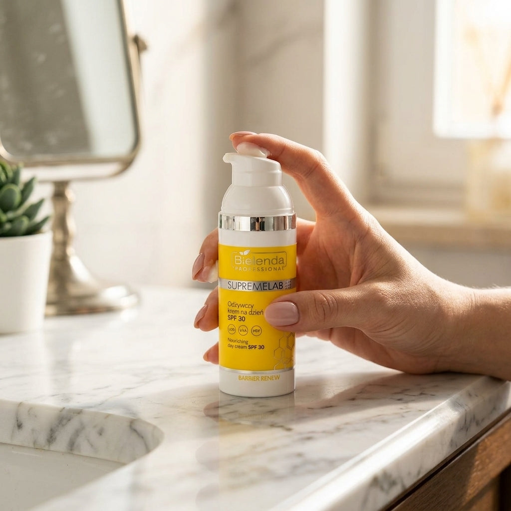 A candid lifestyle shot of the Bielenda Professional Supremelab Barrier Renew cream bottle being held by a hand on a marble vanity, natural morning light, no filters