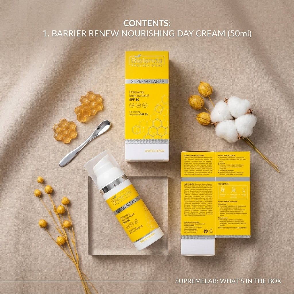 Bielenda Professional Supremelab Barrier Renew Nourishing Day Cream and its packaging box in a professional flat lay style
