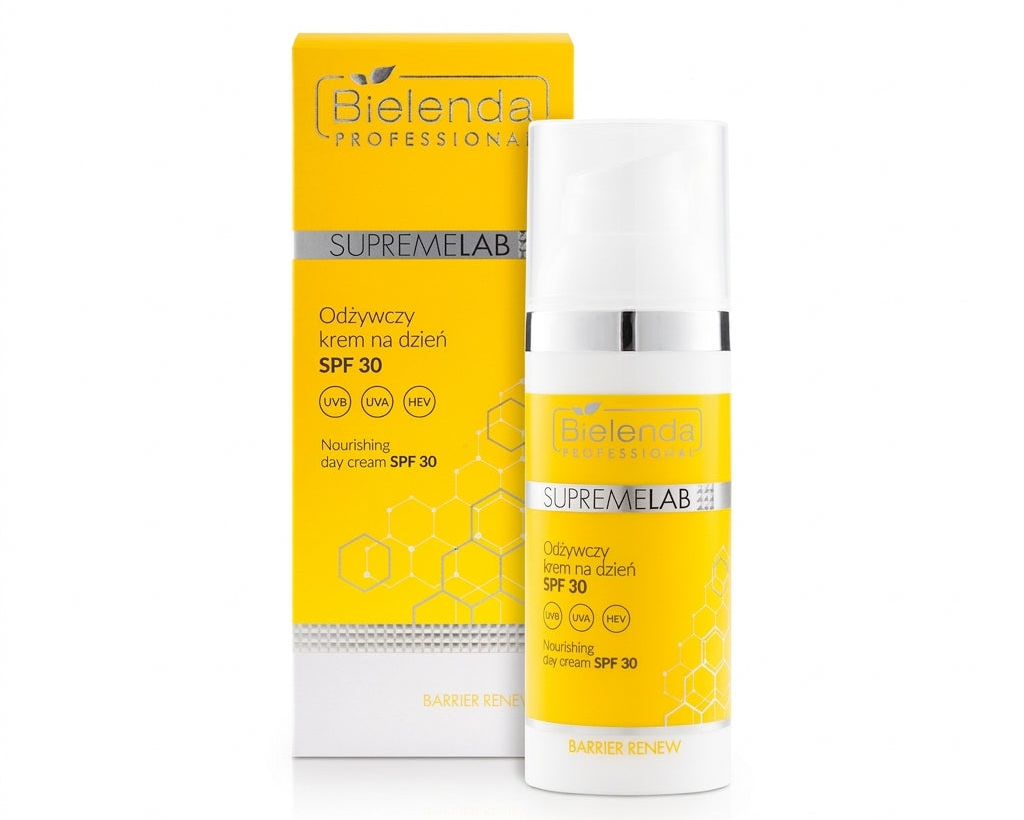 Professional studio product photography of a Bielenda Professional Supremelab Barrier Renew Nourishing Day Cream bottle and its matching yellow and white rectangular box, centered on a clean, solid white background, high-resolution, soft even lighting, no shadows or reflections.