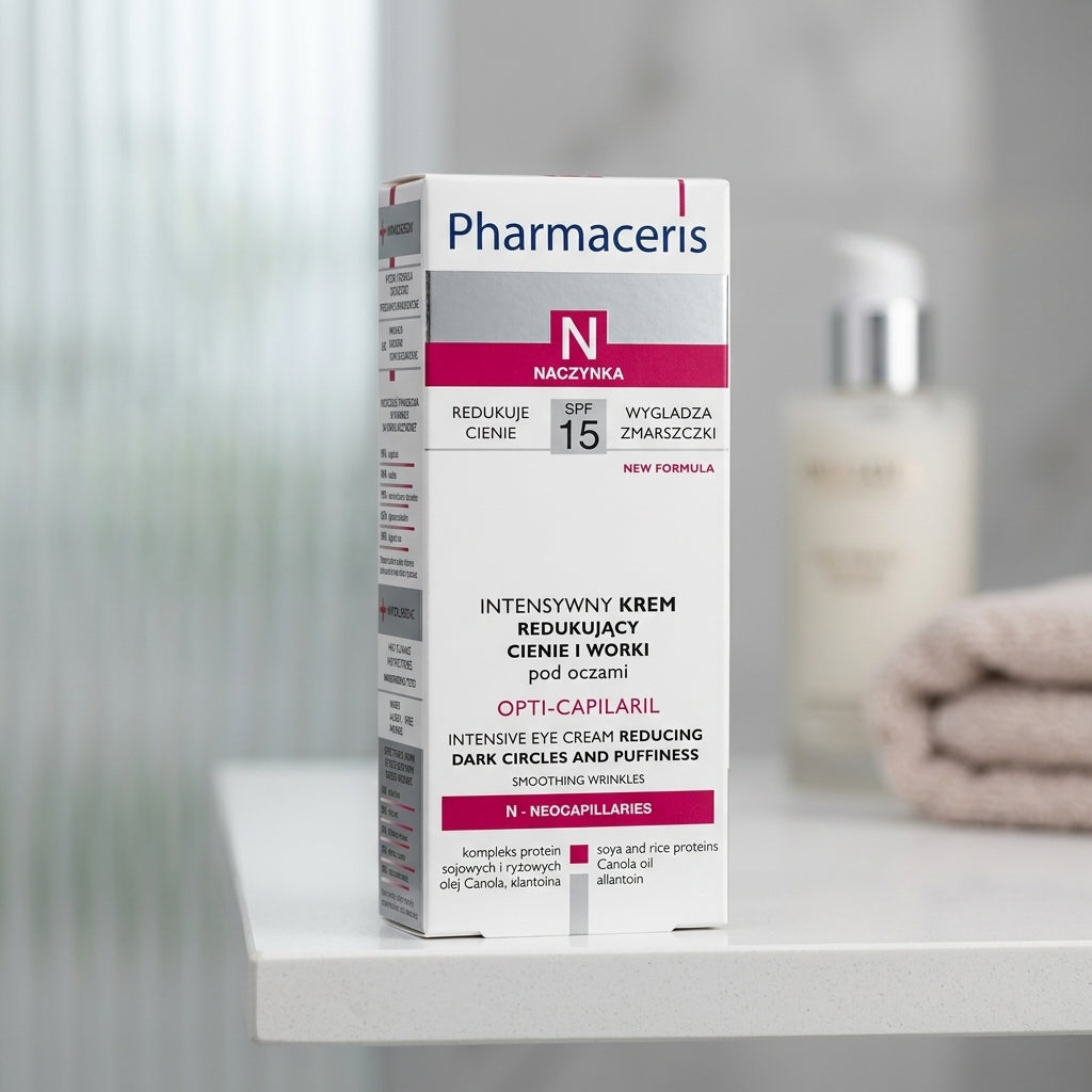 Macro close-up detail of Pharmaceris Opti-Capilaril eye cream box on a glass shelf