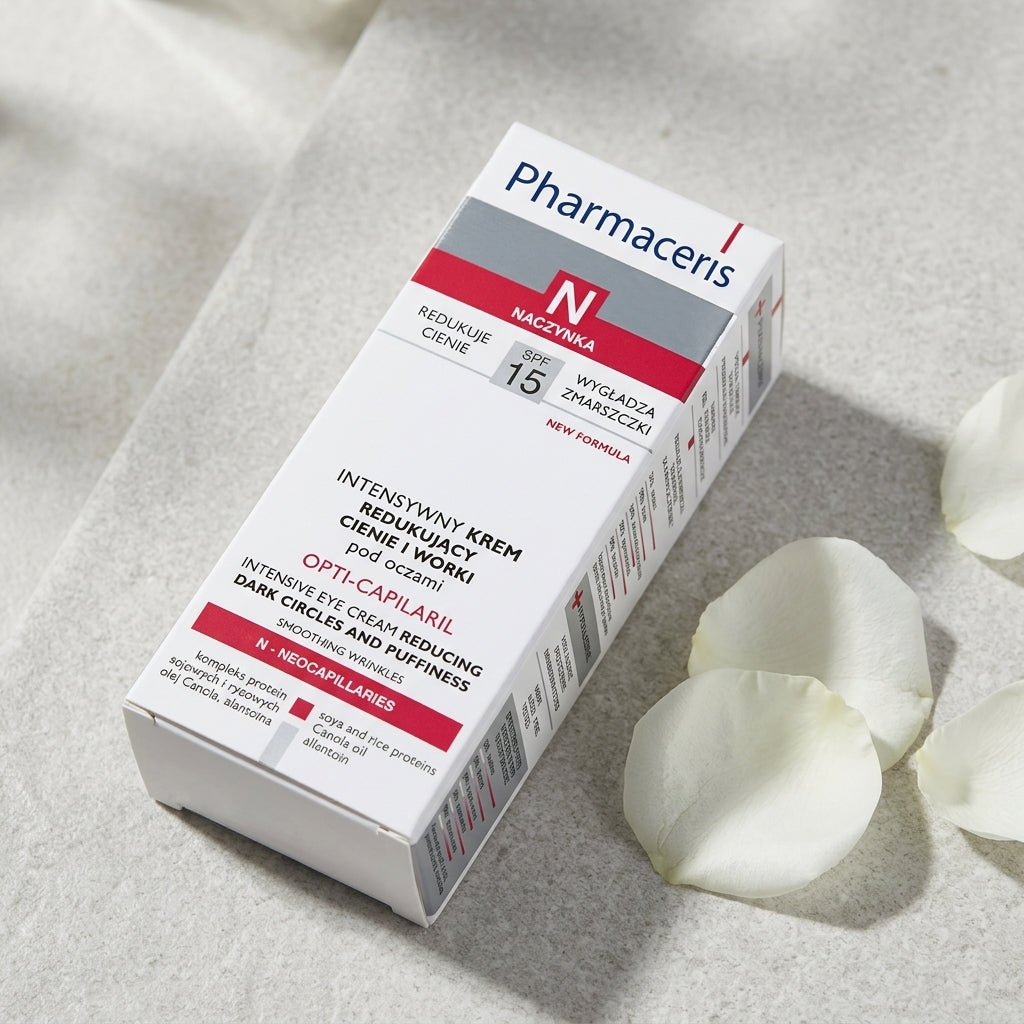 Pharmaceris Opti-Capilaril eye cream elegantly presented on grey stone with white rose petals