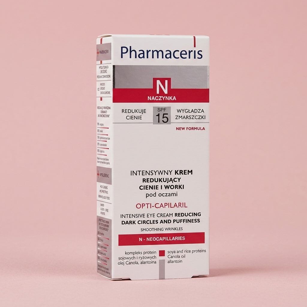 Pharmaceris Opti-Capilaril eye cream on a soft, matte pink luxury studio backdrop