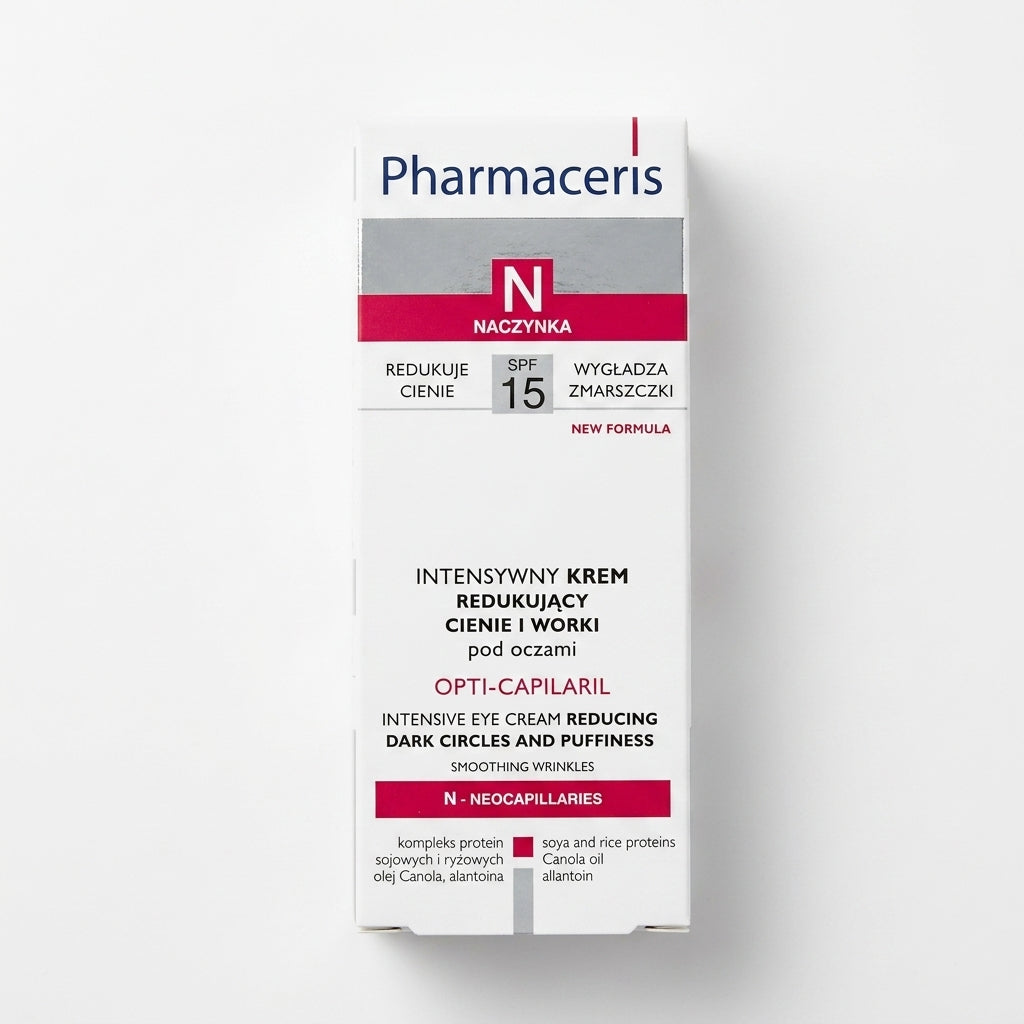 Flat lay shot of Pharmaceris Opti-Capilaril eye cream on a uniform, pure white background