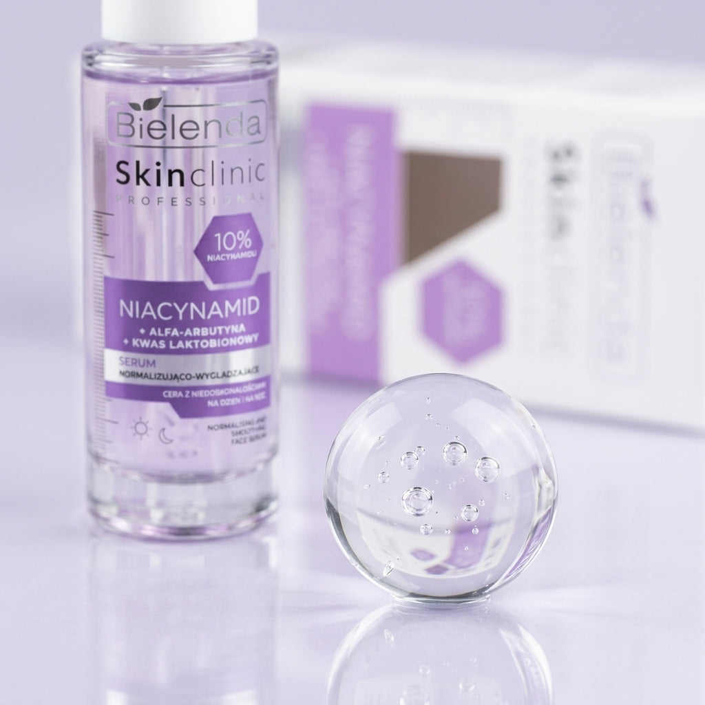 Bielenda Skin Clinic Professional Niacinamide Serum macro close-up with a gel droplet