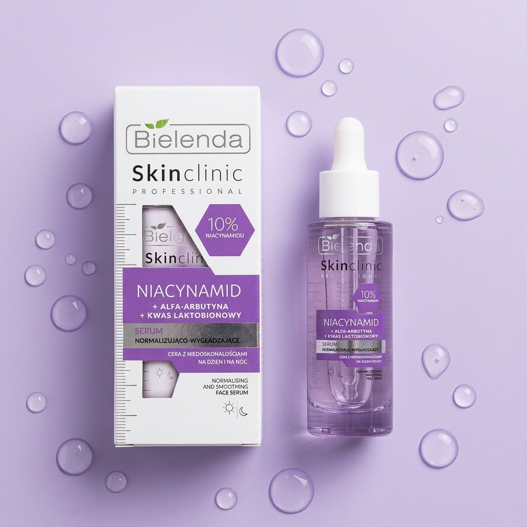Bielenda Skin Clinic Professional Niacinamide Serum flat lay on a lavender background with water drops