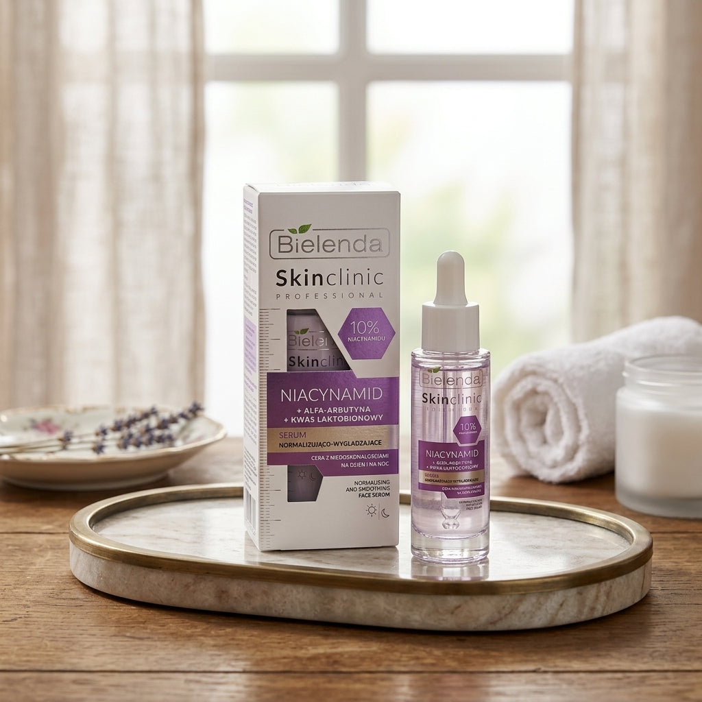 Bielenda Skin Clinic Professional Niacinamide Serum on a premium white marble tray