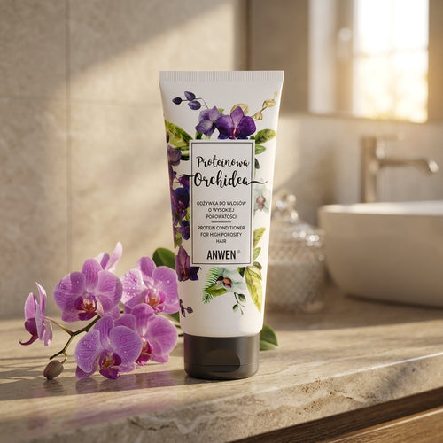The Anwen Protein Orchid Conditioner tube on a bathroom shelf next to delicate purple orchids, warm morning light, soft shadows, photorealistic.