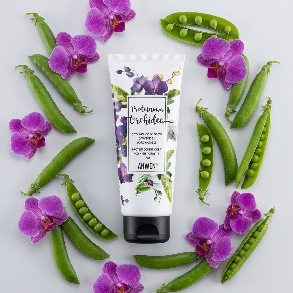 Anwen Protein Orchid Conditioner for High Porosity Hair 200 ml - Studio flat lay with fresh orchid blossoms and green pea pods
