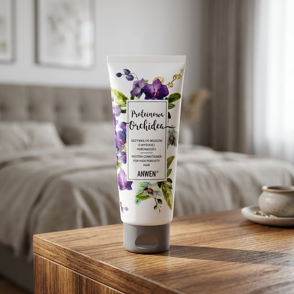 Anwen Protein Orchid Conditioner for High Porosity Hair 200 ml - Standing upright on a textured wooden vanity