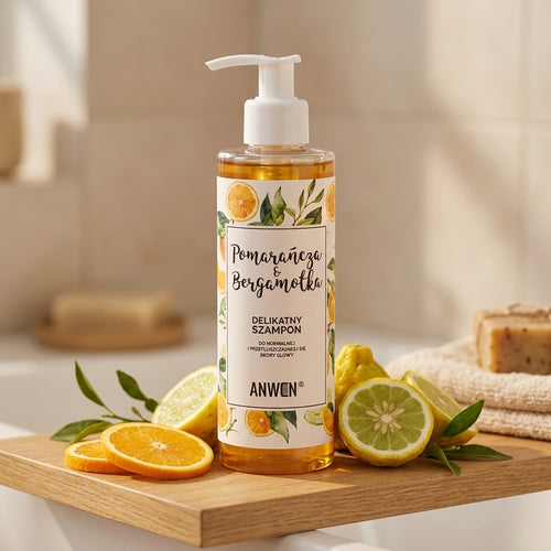 Anwen Orange & Bergamot Gentle Shampoo 200ml - Styled on Bathroom Wood Shelf with Fresh Citrus Fruits