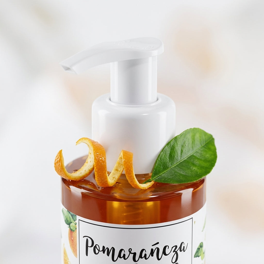 Anwen Orange & Bergamot Gentle Shampoo 200ml - Close-up of White Pump Dispenser with Fresh Citrus Accents