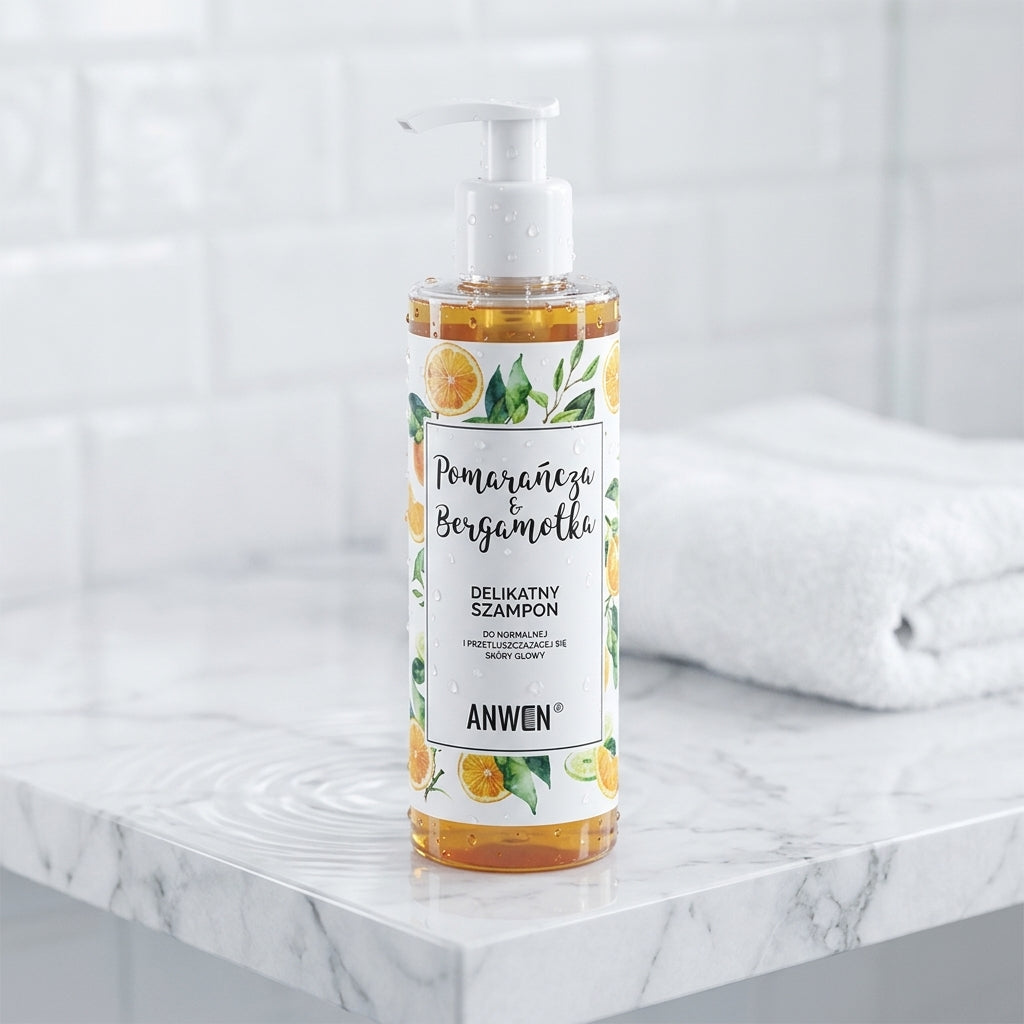 Anwen Orange & Bergamot Gentle Shampoo 200ml - Modern Spa Marble Shelf Bath Setting