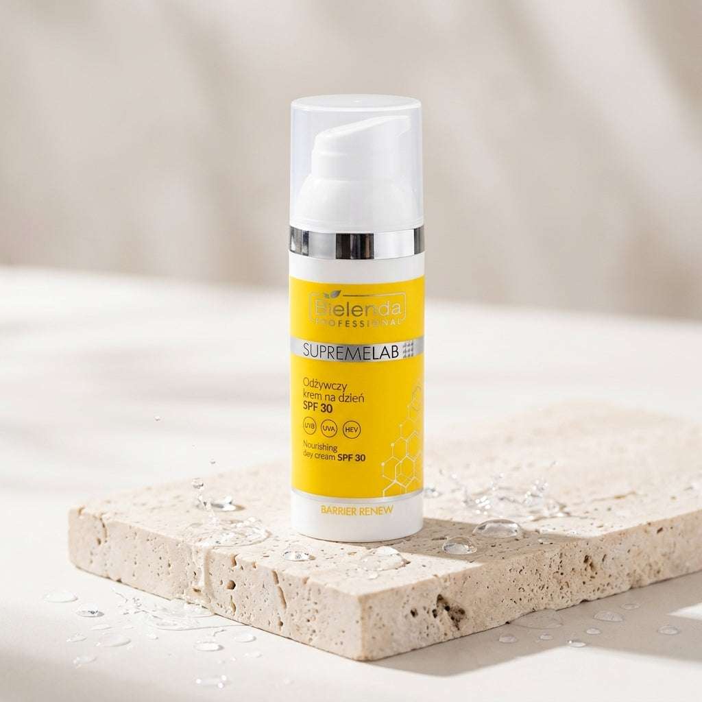 Bielenda Professional Supremelab Barrier Renew cream bottle resting on a clean, light-colored travertine stone block with subtle splashes of clean water