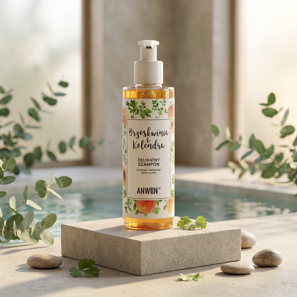 Anwen Peach and Coriander Shampoo bottle on a stone pedestal in a spa setting