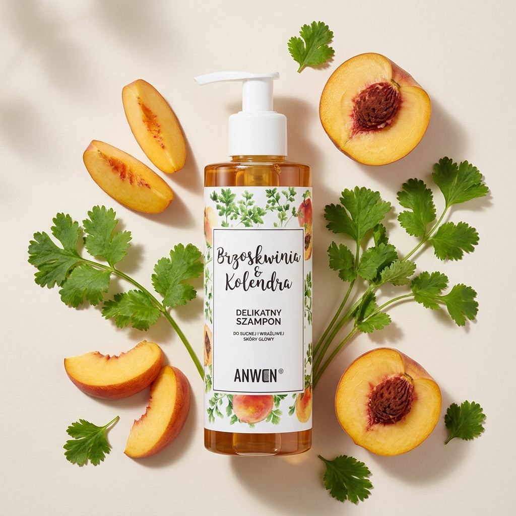 Flat lay of Anwen Peach and Coriander Shampoo bottle with organic ingredients