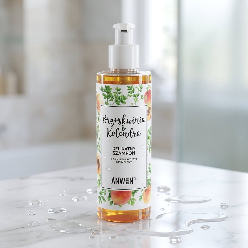 Close-up of Anwen Peach and Coriander Shampoo on a wet marble surface