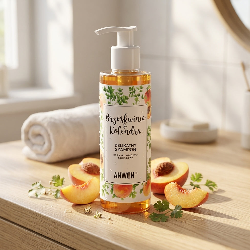 Anwen Peach and Coriander Shampoo on a bathroom vanity with fresh peaches