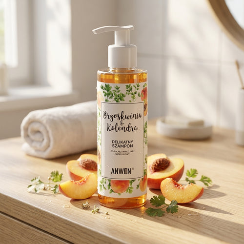 Anwen Peach and Coriander Shampoo on a bathroom vanity with fresh peaches