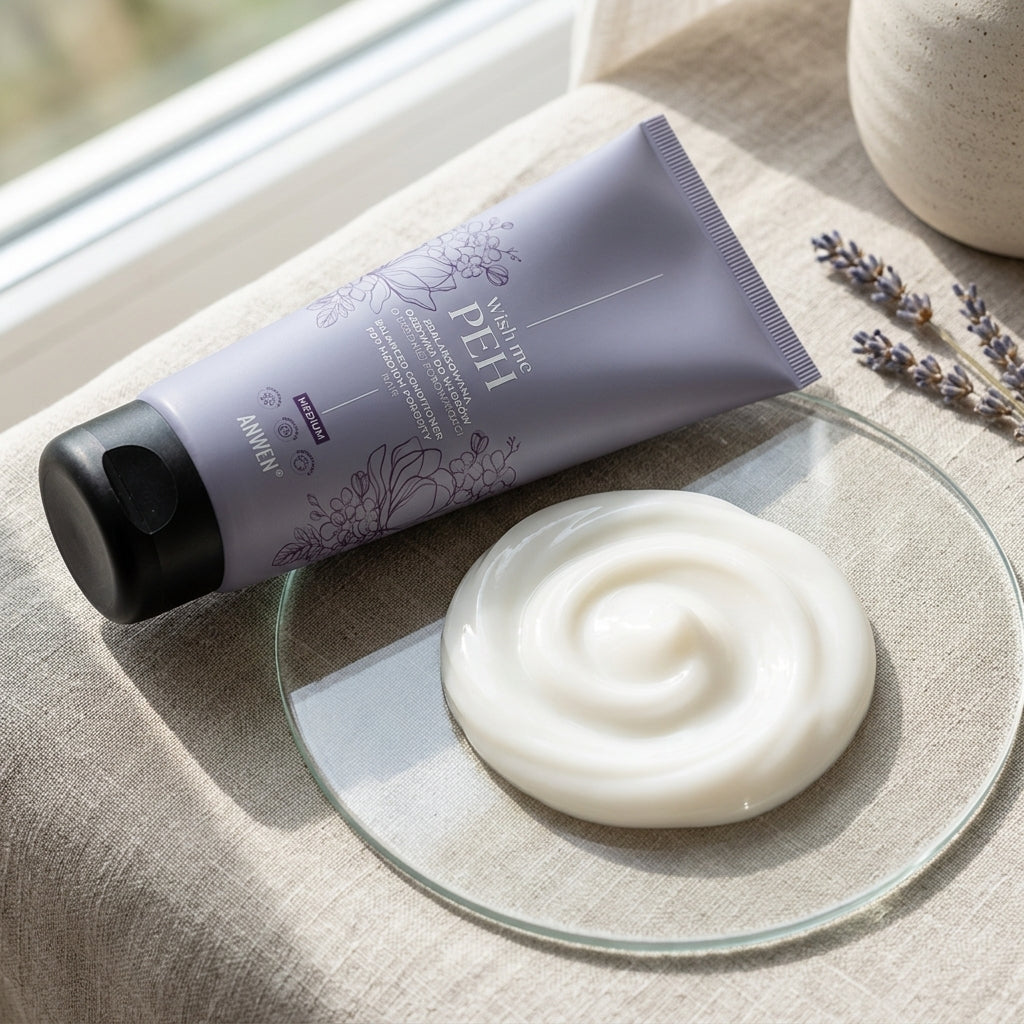 Creamy texture detail of Anwen PEH Balanced Conditioner for Medium Porosity Hair on a glass plate