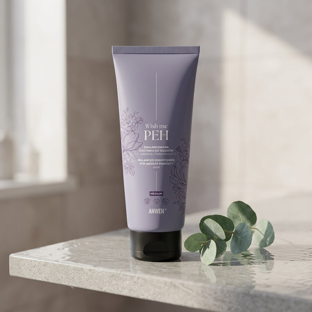 Anwen Wish me PEH Balanced Conditioner on a minimalist bathroom shelf with eucalyptus branch