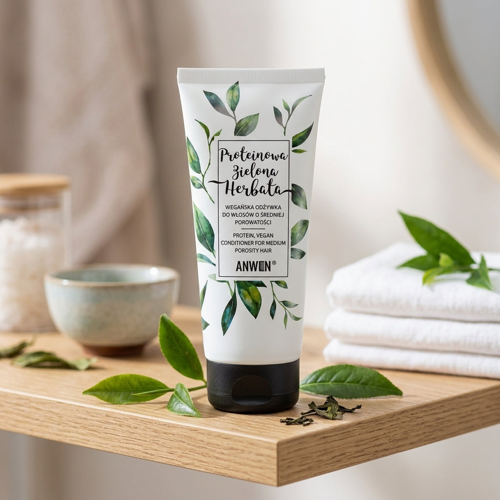 Anwen Protein Green Tea Conditioner on light oak bathroom shelf with green tea leaves