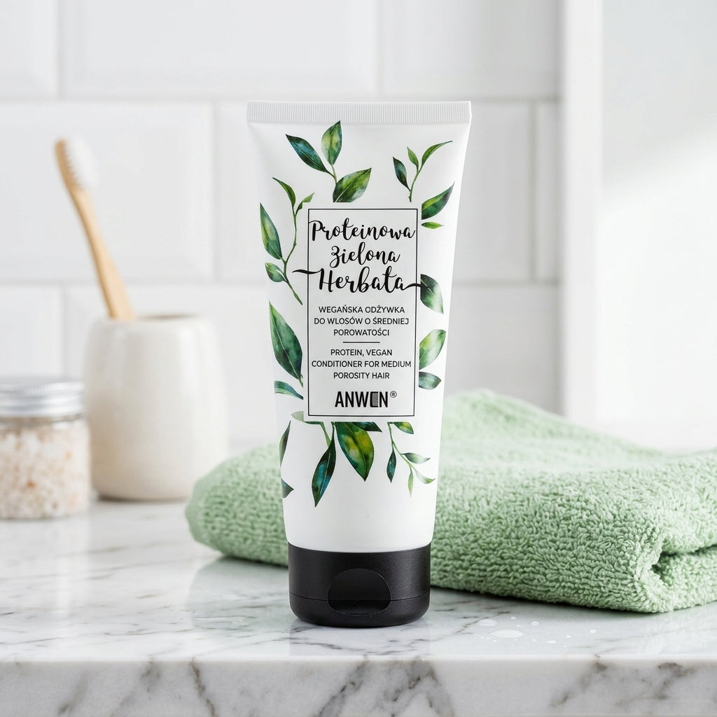 Anwen Protein Green Tea Conditioner on marble bathroom countertop next to soft green towel