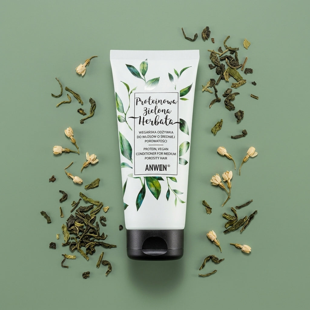 Anwen Protein Green Tea Conditioner styled flat lay on solid sage green background with green tea leaves