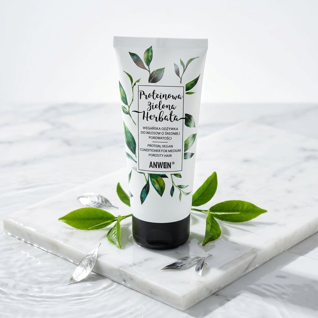 Anwen Protein Green Tea Conditioner on wet white stone with water ripples and tea leaves