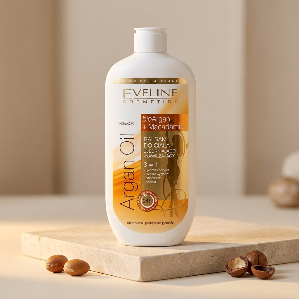 Eveline Argan Oil Macadamia Body Lotion on Stone Platform Studio Shot