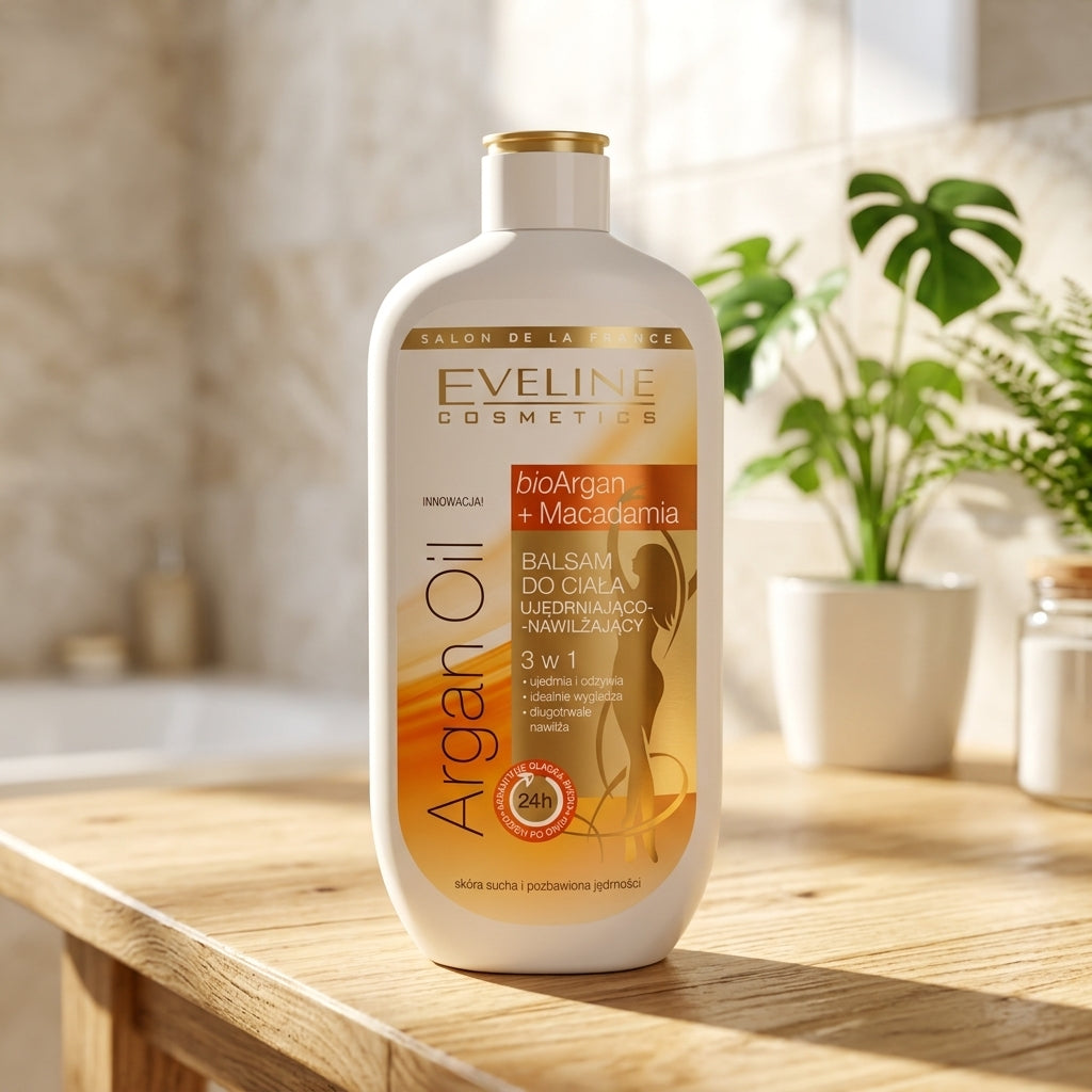 Eveline Argan Oil Macadamia Body Lotion on Sunlit Bathroom Table