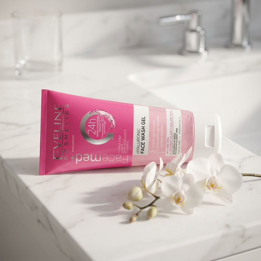 Eveline Facemed Hyaluronic Face Wash Gel on a minimalist marble vanity with a white orchid