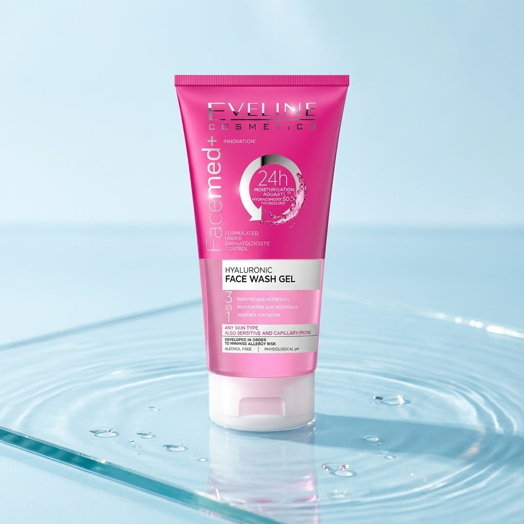Eveline Facemed Hyaluronic Face Wash Gel on a wet light blue glass surface