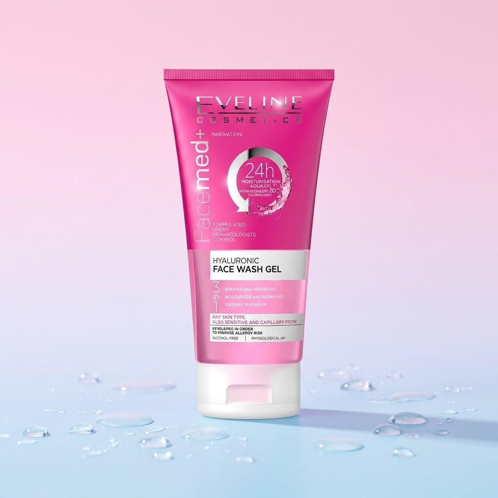 Eveline Facemed Hyaluronic Face Wash Gel tube standing on a soft pastel gradient backdrop