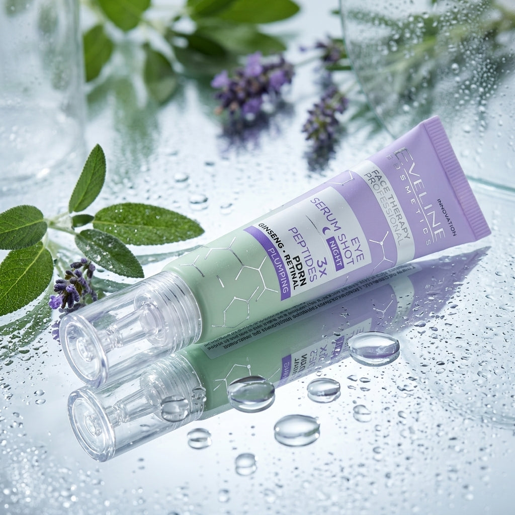 Close-up of Eveline Serum Shot Eye Serum on clean wet glass