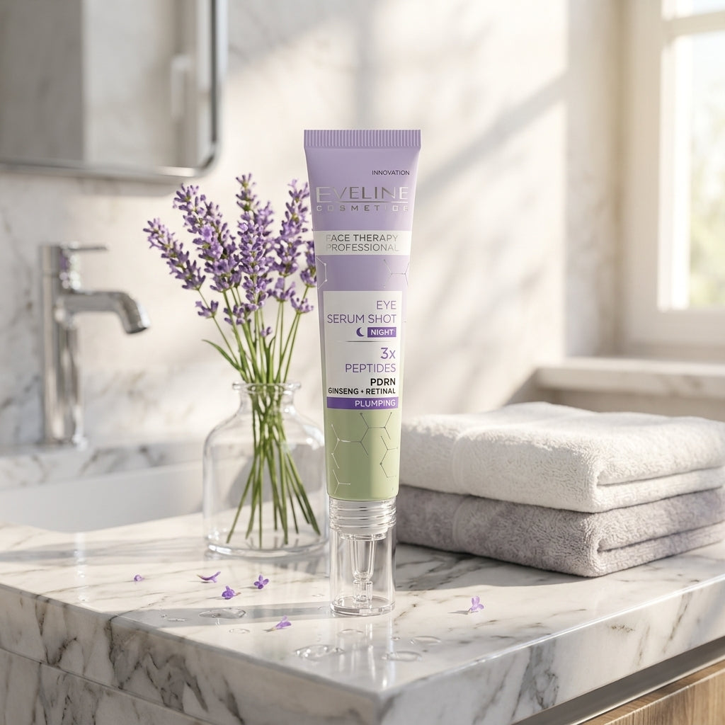 Eveline Serum Shot Eye Serum on elegant marble vanity with lavender