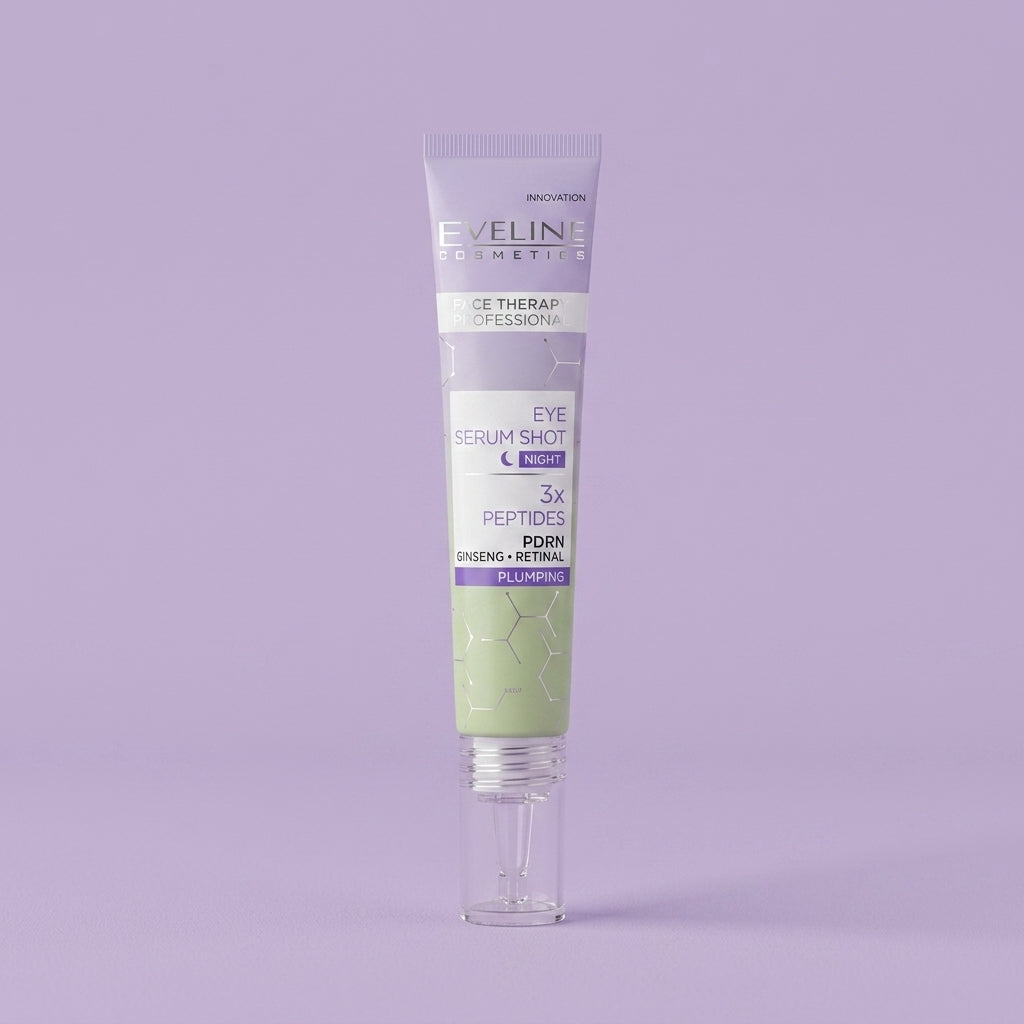 Eveline Serum Shot Eye Serum on minimal pastel lavender background