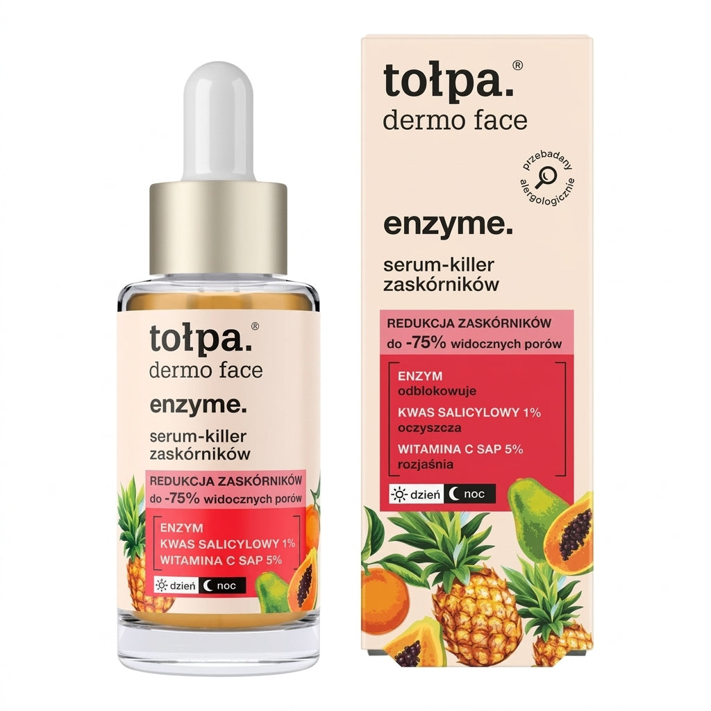 Tolpa Dermo Face Enzyme Serum flat lay on a clean white studio background