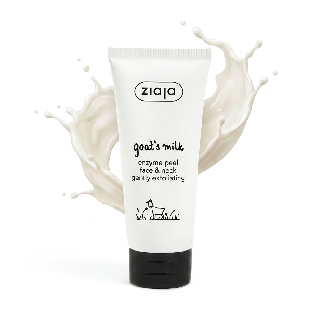 Ziaja Goat's Milk Enzyme Peel tube with an aesthetic splash of milk