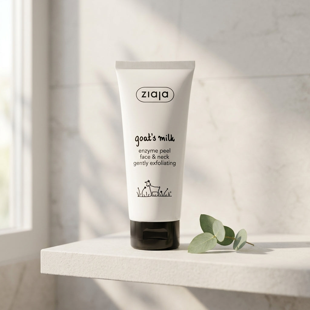 Ziaja Goat's Milk Enzyme Peel on a minimalist bathroom shelf