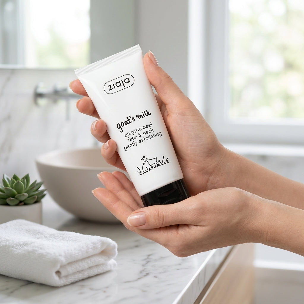 Hands holding Ziaja Goat's Milk Enzyme Peel in a bright bathroom