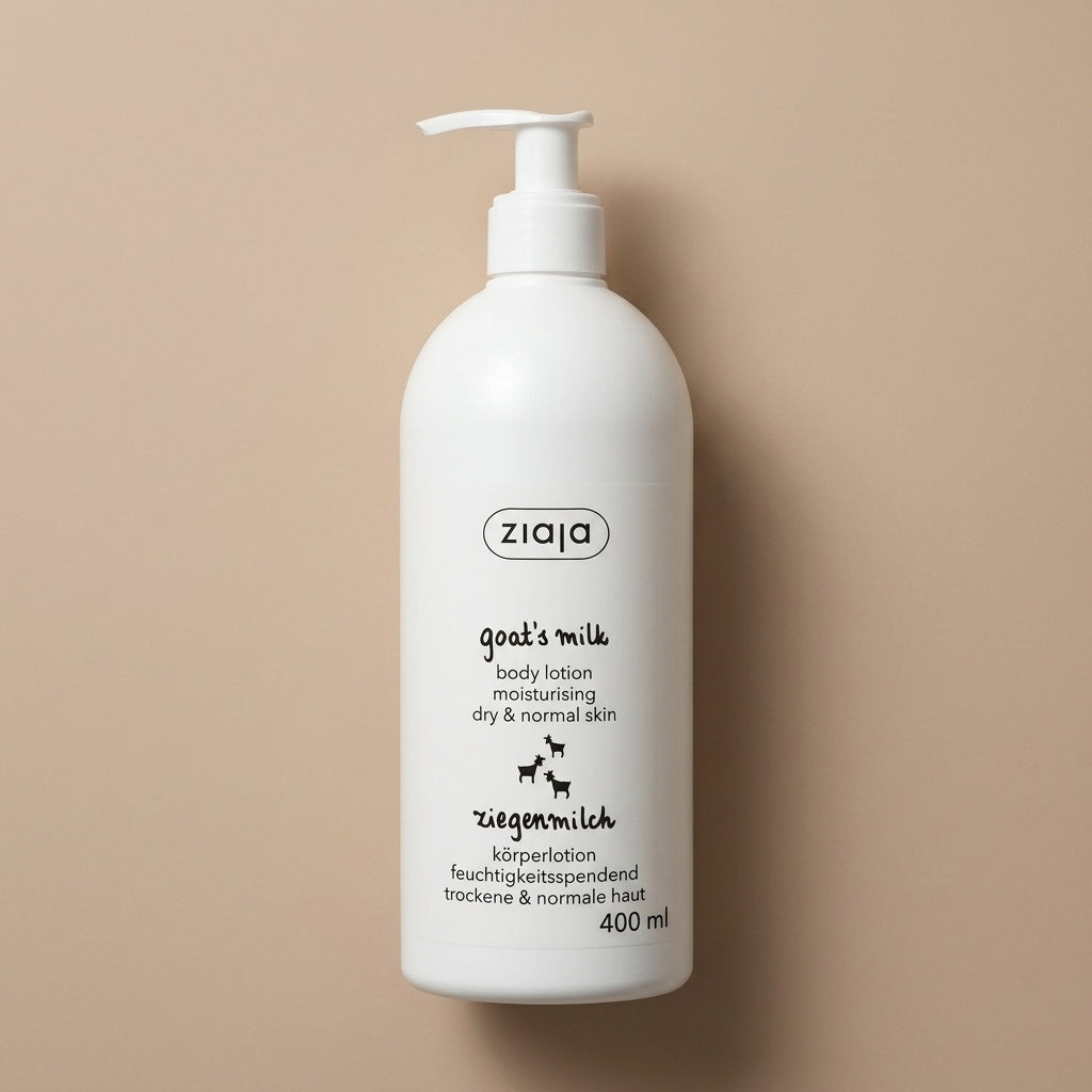 Ziaja Goat Milk Body Lotion 400ml on a clean warm-neutral beige backdrop