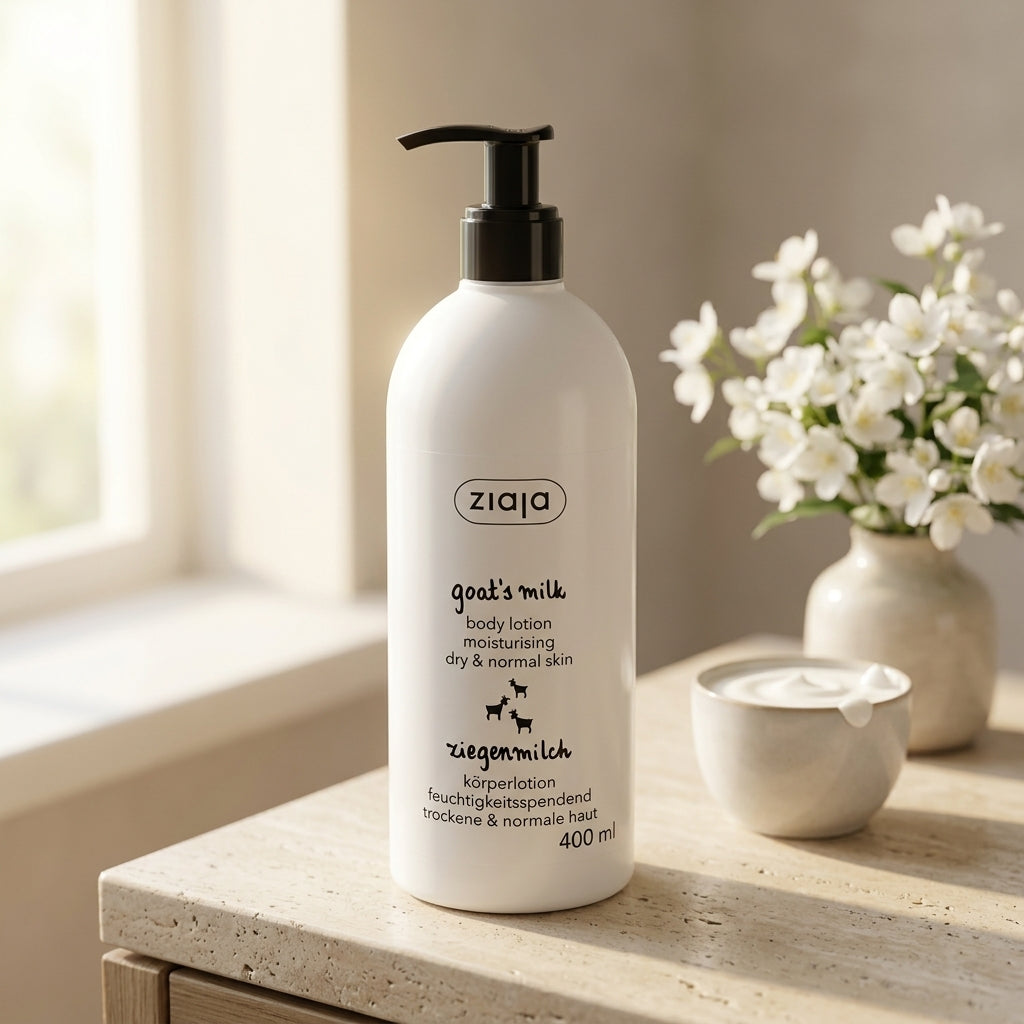 Ziaja Goat Milk Body Lotion 400ml on a minimalist beige spa vanity with white flowers