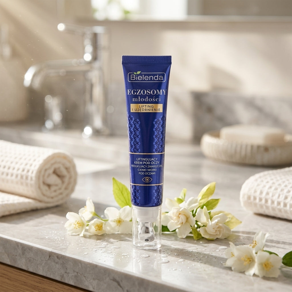 Bielenda Exosomes of Youth Eye Cream on a luxury sunlit bathroom vanity