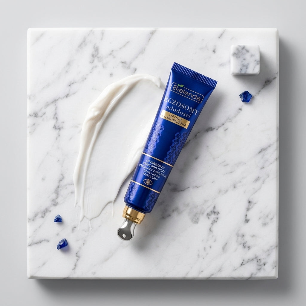 Bielenda Exosomes of Youth Eye Cream tube next to a smooth cream texture swipe