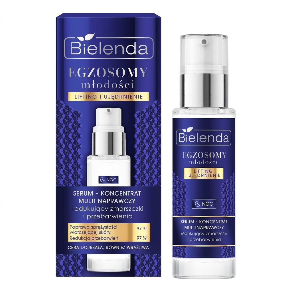 Bielenda Exosomes of Youth Night Serum and box on clean white studio background