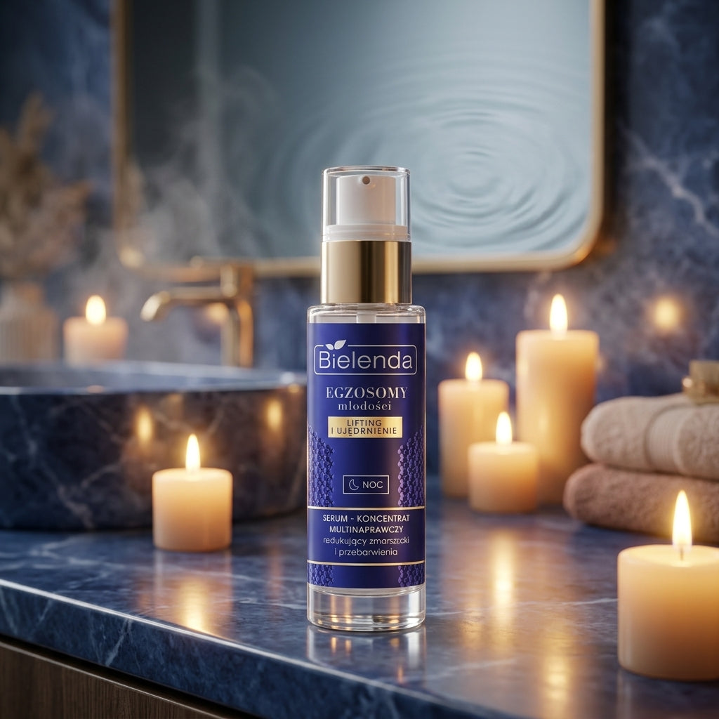 Bielenda Exosomes of Youth Night Serum bottle on luxurious blue marble bathroom vanity