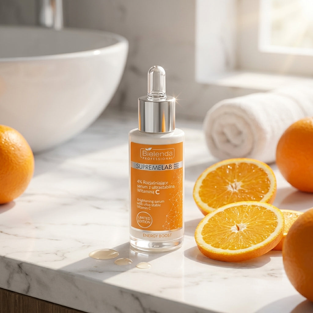 Bielenda Professional Supremelab Energy Boost Brightening Serum lifestyle display with citrus on marble vanity